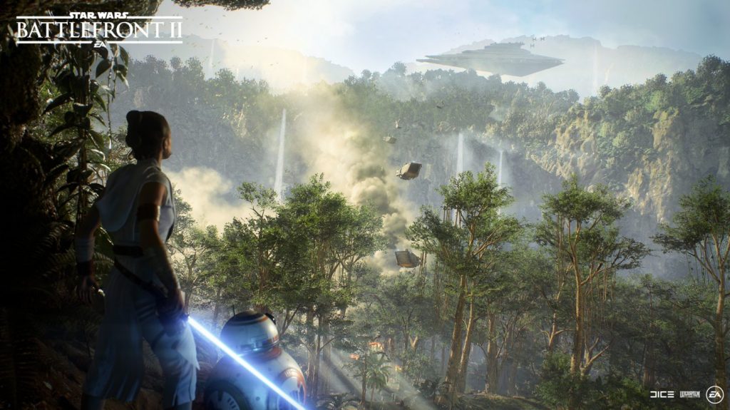 Rey over looking a forested planet. Marketing image from DICE/EA